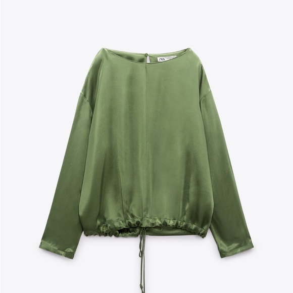 Zara Beautiful Green, Satin Effect Top w/ Drawstring. NWOT - Picture 1 of 5